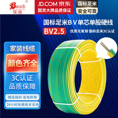 保迪 电线电缆 BV1*2.5平方0.45/0.75KV 单芯单股铜芯塑料线 国标照明家装铜芯电线 双色100米 