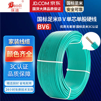 保迪 电线电缆 BV6平方 单芯单股铜线 充电桩家装空调进户线国标单股硬线 绿色100米 