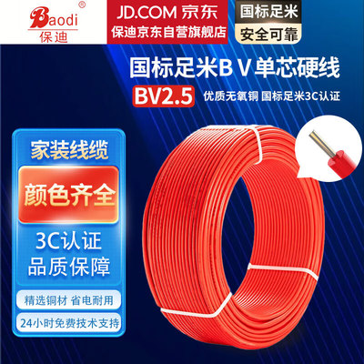 保迪 电线电缆 BV1*2.5平方0.45/0.75KV 单芯单股铜芯塑料线 国标照明家装铜芯电线 红色100米 